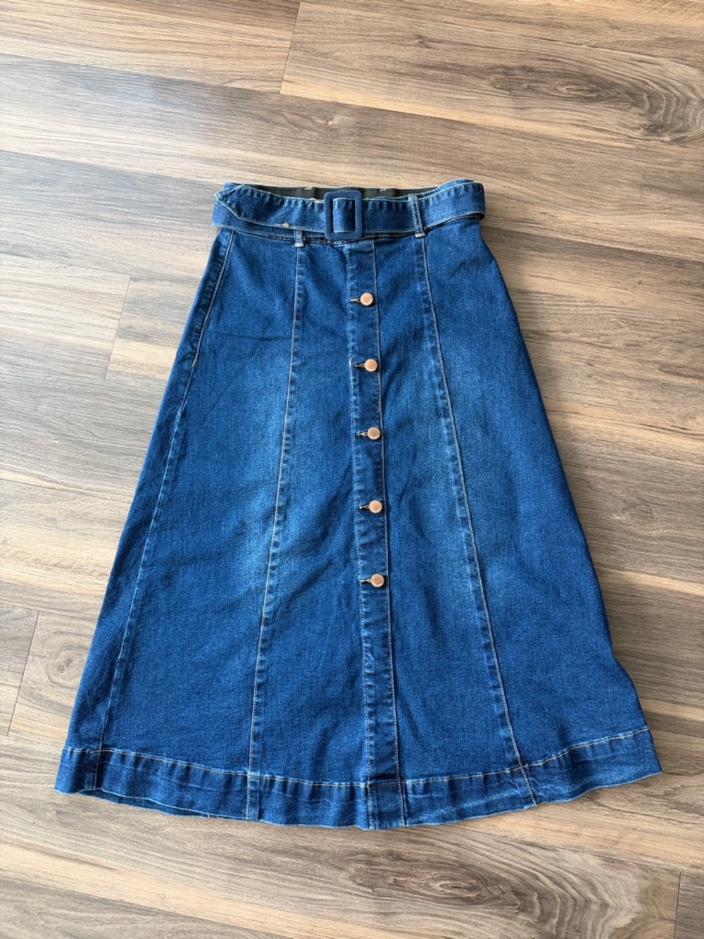 High-Waist Button-Front A-Line Denim Midi Skirt - Blue